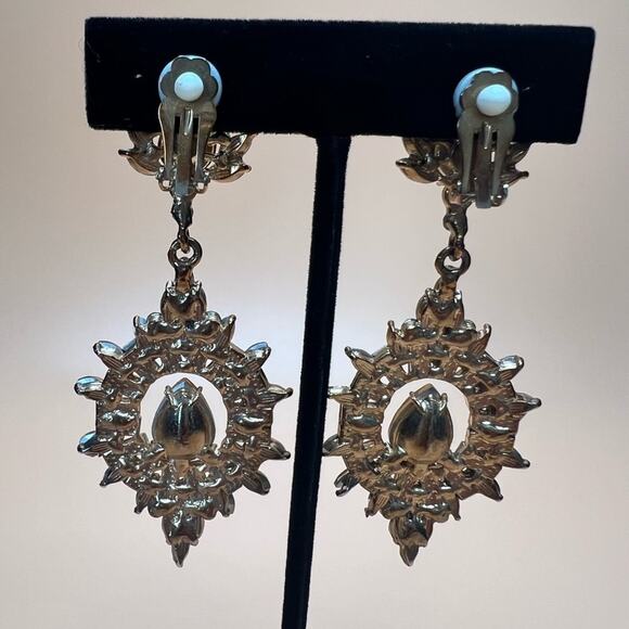 RHINESTONE DANGLE FORMAL ELEGANT CLIP ON EARRINGS WOMENS NAVY BLUE - Picture 4 of 4